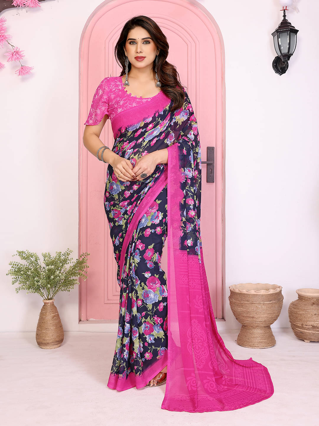     			ANAND SAREES Georgette Printed Chanderi saree With Unstitched Blouse Piece ( Blue )