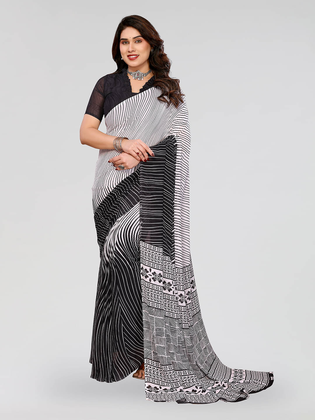 ANAND SAREES Georgette Printed Leheriya Saree With Unstitched Blouse Piece ( Black )     			ANAND SAREES Georgette Printed Leheriya Saree With Unstitched Blouse Piece ( Black )