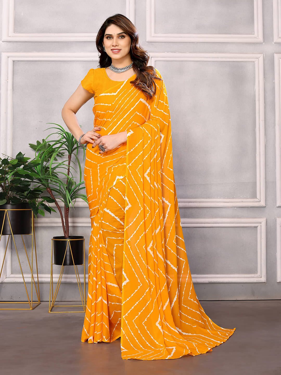 ANAND SAREES Georgette Printed Leheriya Saree With Unstitched Blouse Piece ( Yellow )     			ANAND SAREES Georgette Printed Leheriya Saree With Unstitched Blouse Piece ( Yellow )
