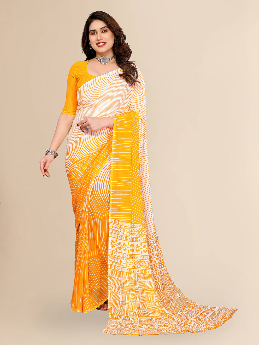 ANAND SAREES Georgette Printed Leheriya Saree With Unstitched Blouse Piece ( Yellow ) ANAND SAREES Georgette Printed Leheriya Saree With Unstitched Blouse Piece ( Yellow )