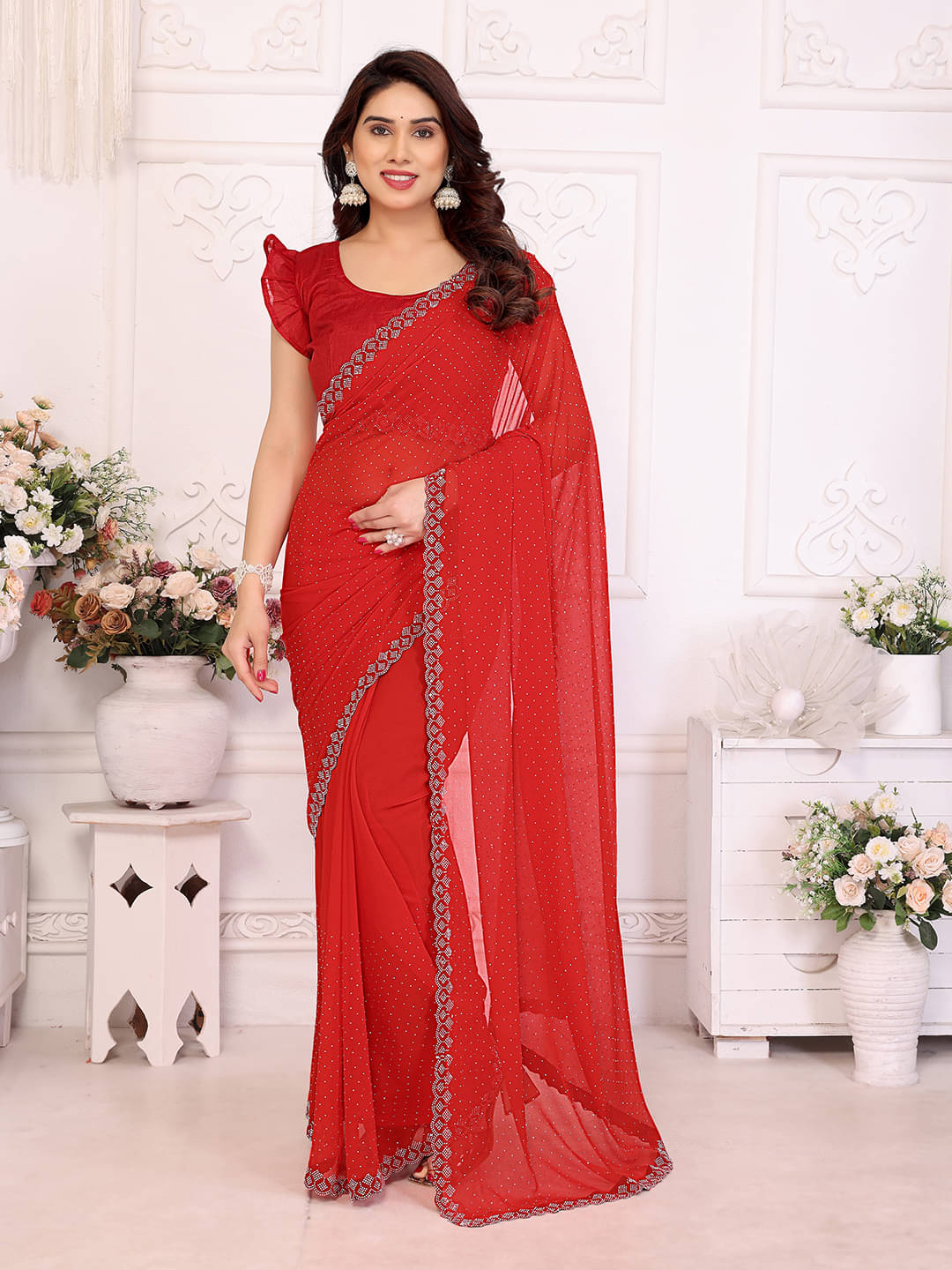 ANAND SAREES Georgette Self Design Kasavu Saree With Unstitched Blouse Piece ( Red ) ANAND SAREES Georgette Self Design Kasavu Saree With Unstitched Blouse Piece ( Red )