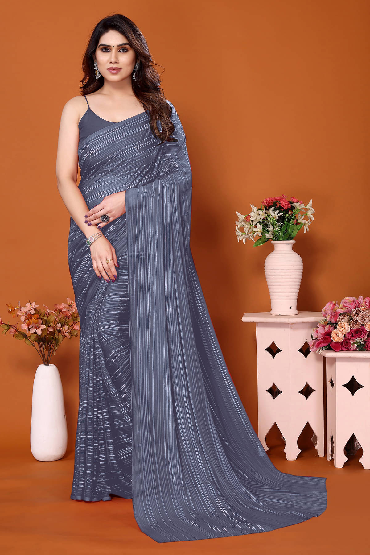 ANAND SAREES Satin Embellished Chanderi saree With Unstitched Blouse Piece ( Grey ) ANAND SAREES Satin Embellished Chanderi saree With Unstitched Blouse Piece ( Grey )