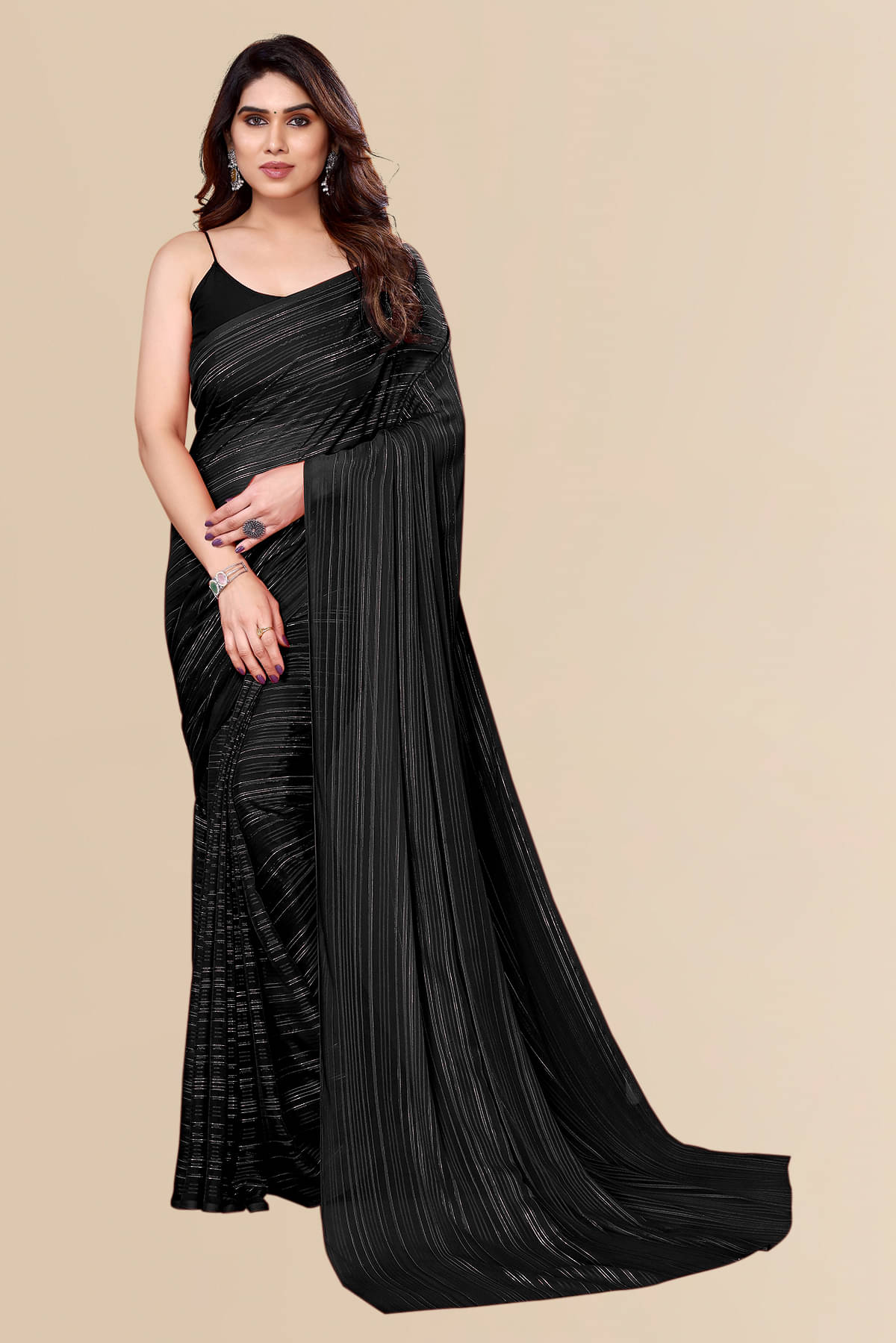     			ANAND SAREES Satin Embellished Chanderi saree With Unstitched Blouse Piece ( Black )
