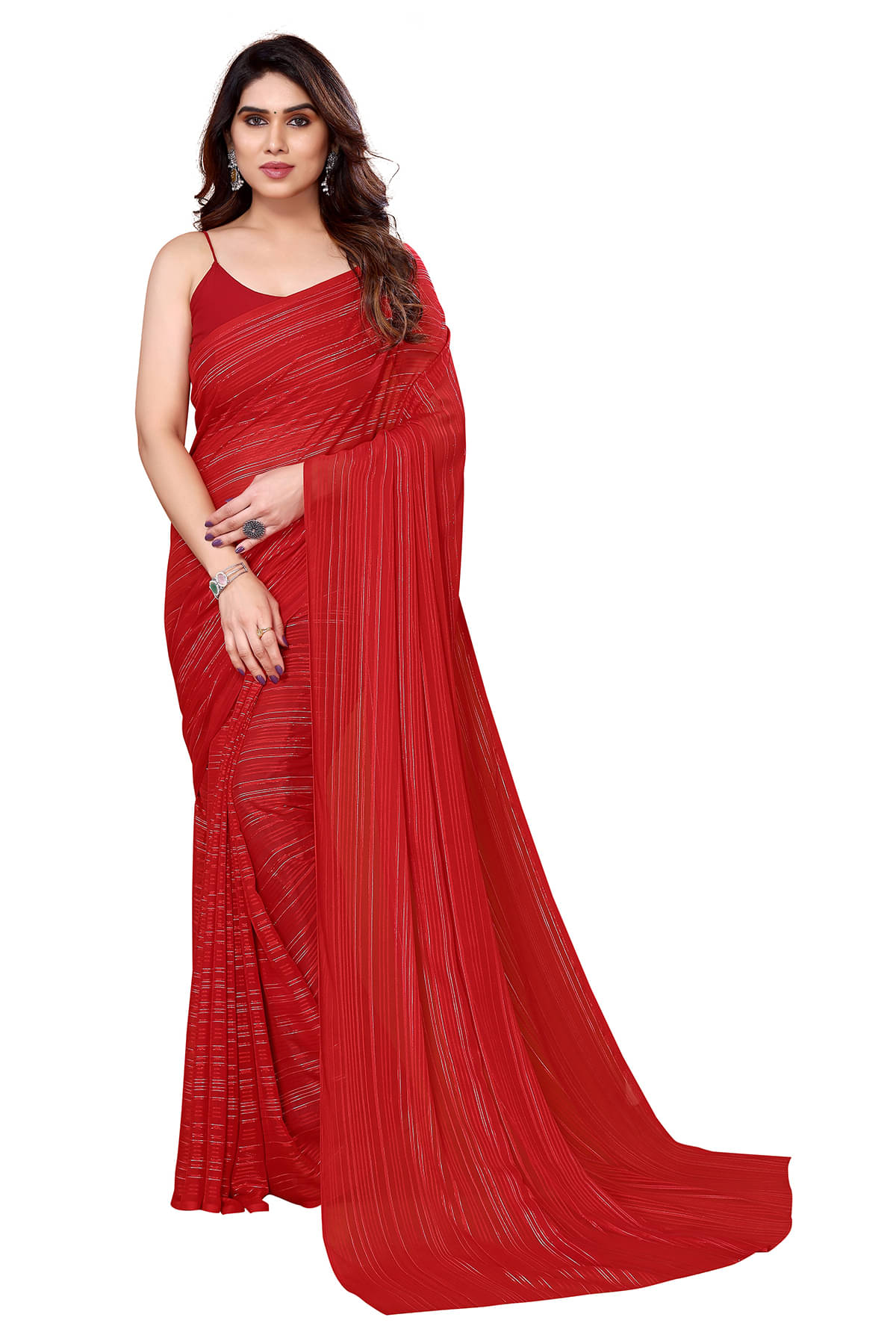     			ANAND SAREES Satin Embellished Chanderi saree With Unstitched Blouse Piece ( Red )