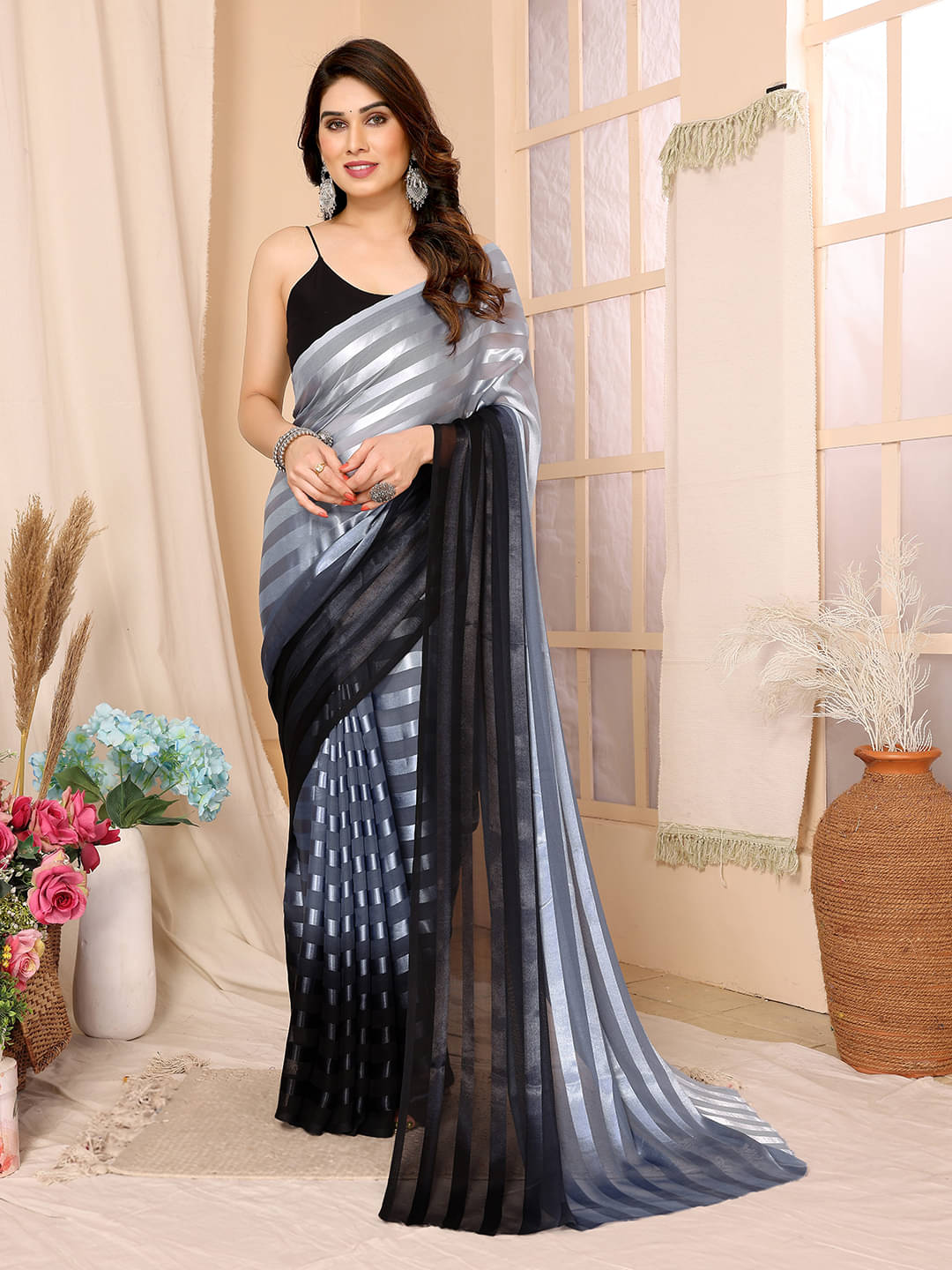 ANAND SAREES Satin Embellished Kasavu Saree With Unstitched Blouse Piece ( Grey ) ANAND SAREES Satin Embellished Kasavu Saree With Unstitched Blouse Piece ( Grey )