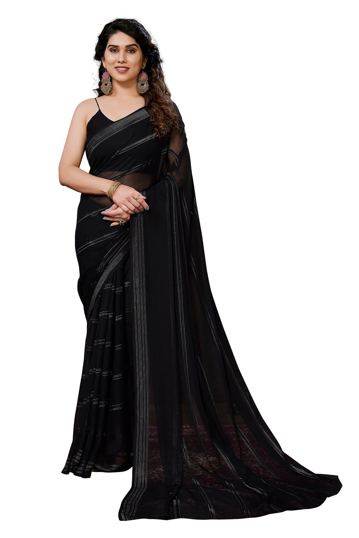 ANAND SAREES Satin Embellished Kasavu Saree With Unstitched Blouse Piece ( Black ) - Sarees | Buy online on ZillyBuy