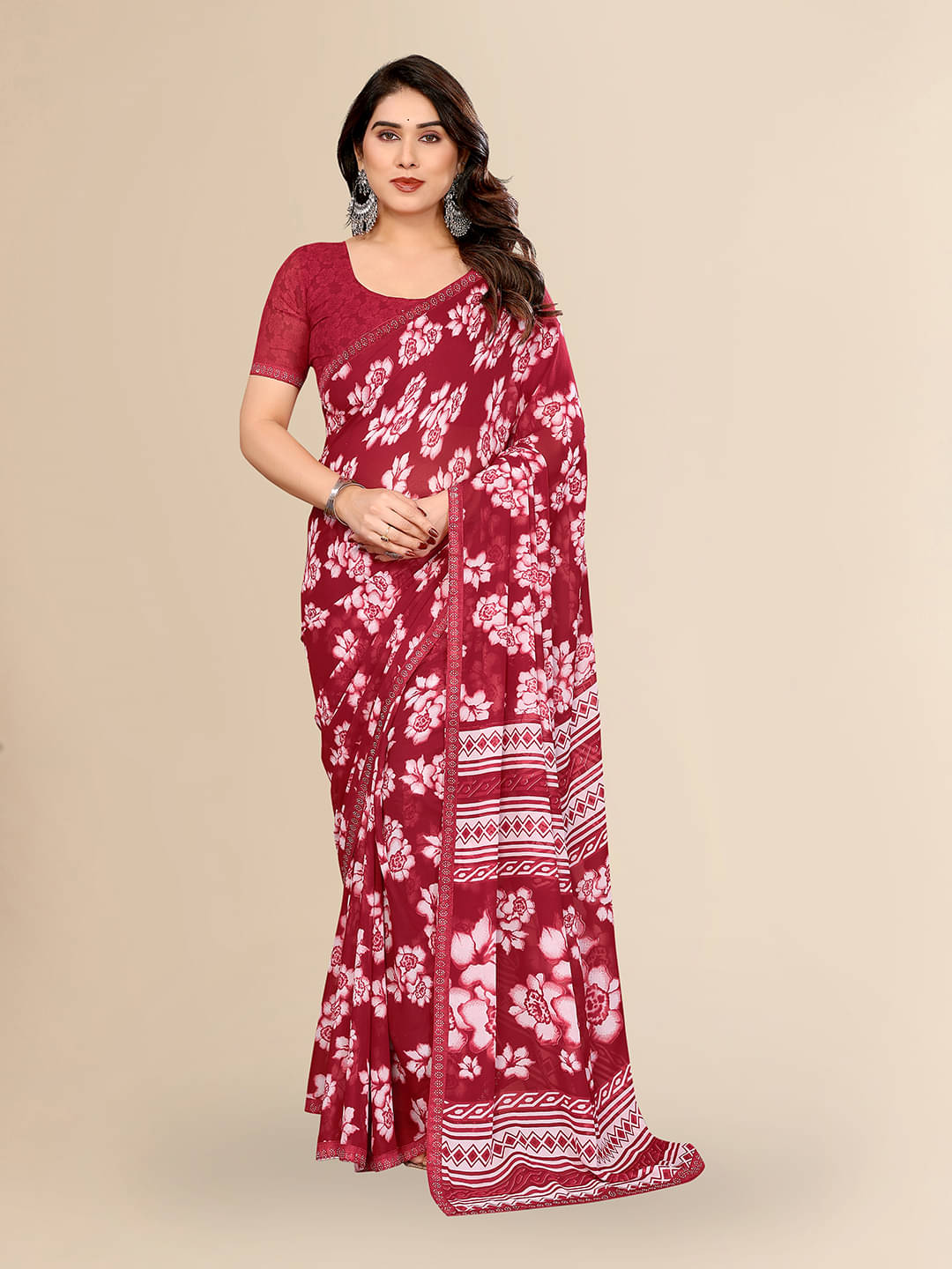     			Kashvi Sarees Georgette Embellished Chanderi saree With Unstitched Blouse Piece ( Maroon )