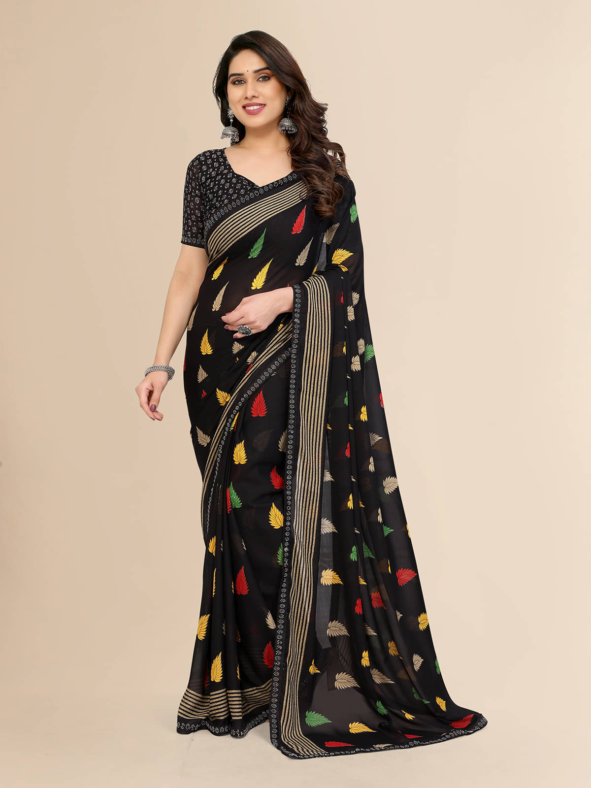 Kashvi Sarees Georgette Embellished Chanderi saree With Unstitched Blouse Piece ( Black ) Kashvi Sarees Georgette Embellished Chanderi saree With Unstitched Blouse Piece ( Black )