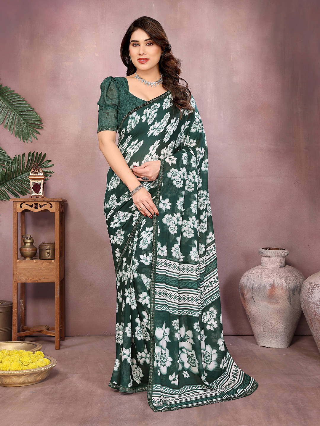 Kashvi Sarees Georgette Embellished Chanderi saree With Unstitched Blouse Piece ( Green )     			Kashvi Sarees Georgette Embellished Chanderi saree With Unstitched Blouse Piece ( Green )