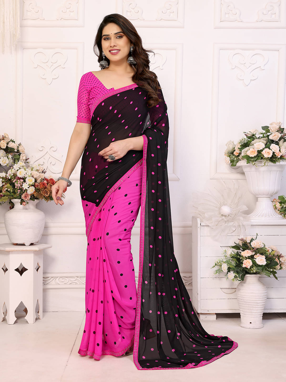     			Kashvi Sarees Georgette Embellished Chanderi saree With Unstitched Blouse Piece ( Pink )