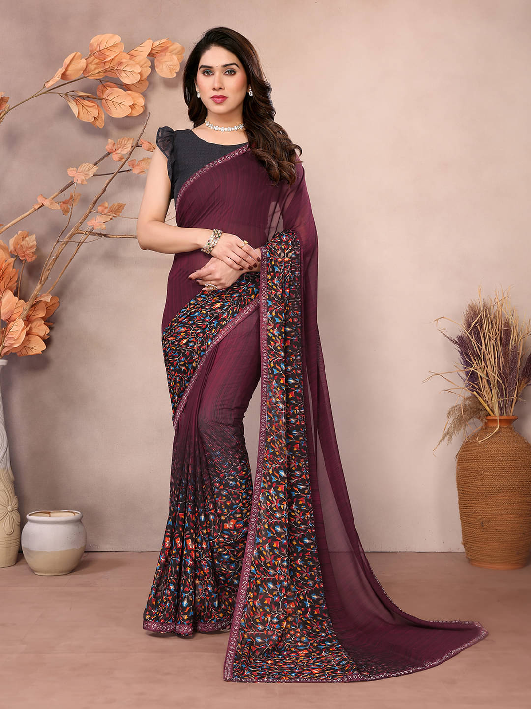     			Kashvi Sarees Georgette Embellished Chanderi saree With Unstitched Blouse Piece ( Brown )
