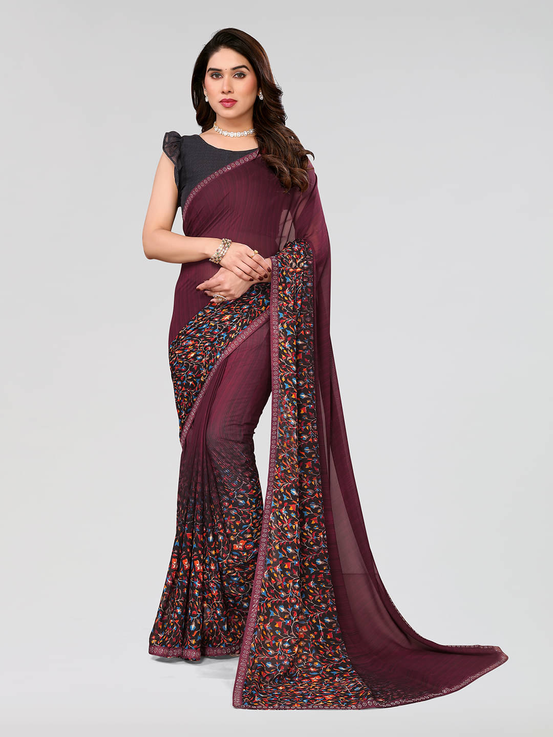 Kashvi Sarees Georgette Embellished Chanderi saree With Unstitched Blouse Piece ( Brown ) Kashvi Sarees Georgette Embellished Chanderi saree With Unstitched Blouse Piece ( Brown )