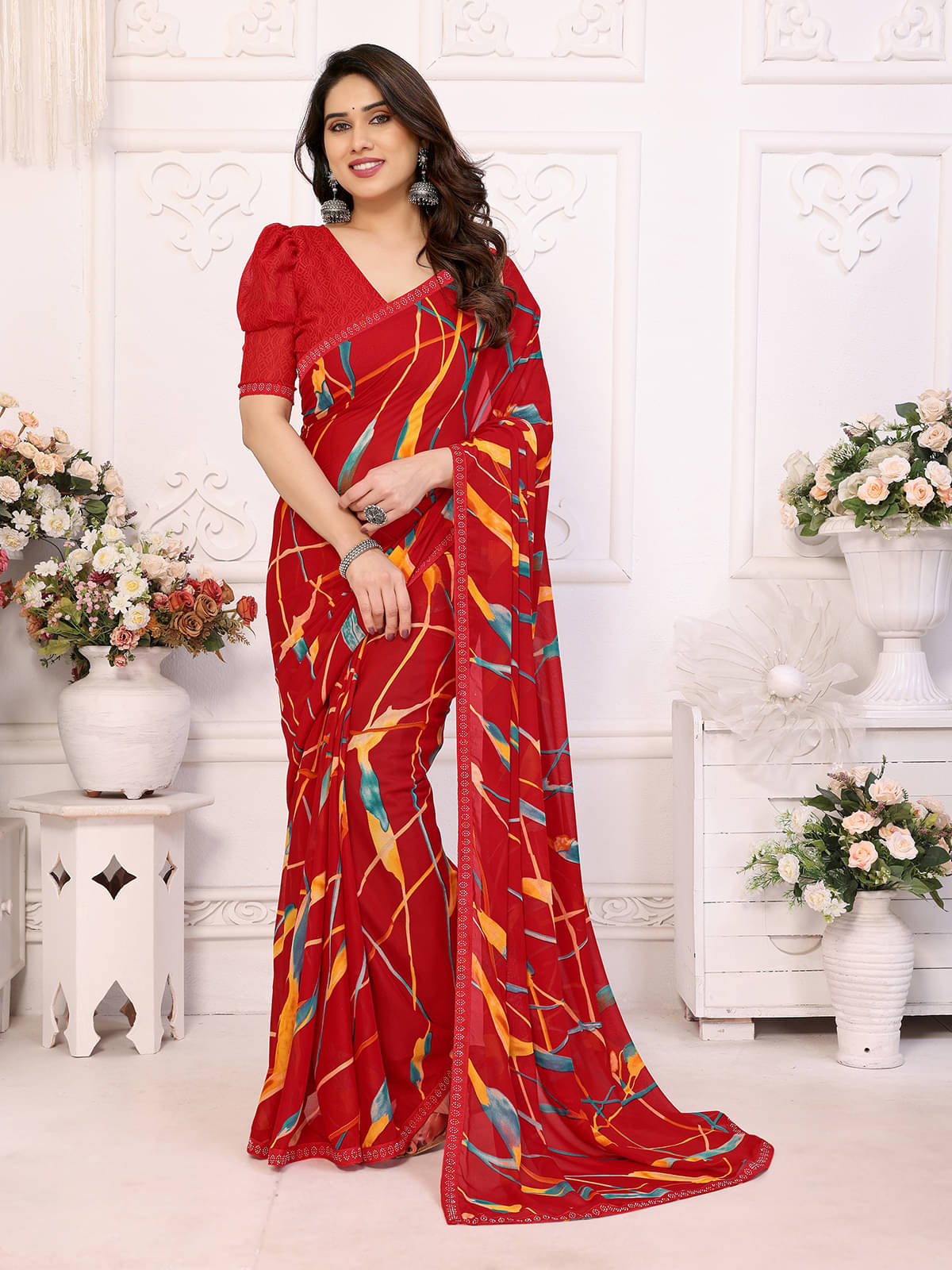     			Kashvi Sarees Georgette Embellished Chanderi saree With Unstitched Blouse Piece ( Red )