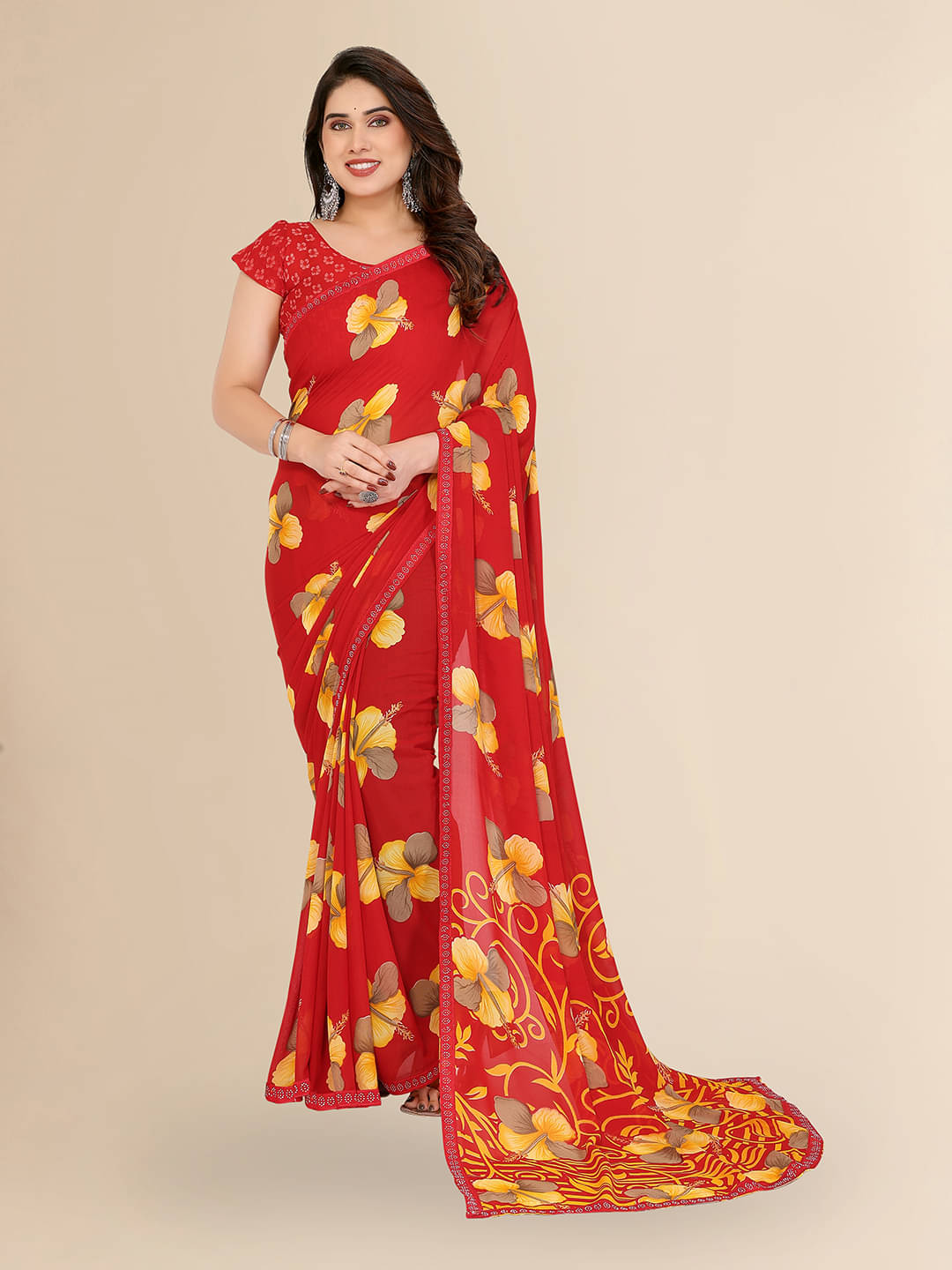 Kashvi Sarees Georgette Embellished Chanderi saree With Unstitched Blouse Piece ( Red ) Kashvi Sarees Georgette Embellished Chanderi saree With Unstitched Blouse Piece ( Red )