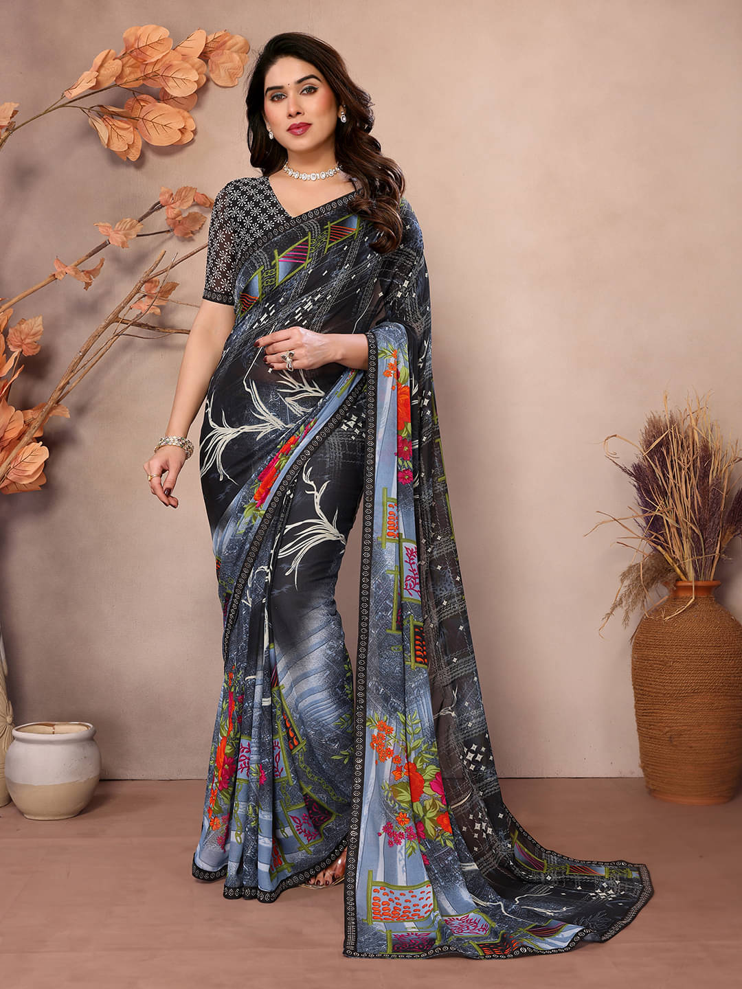 Kashvi Sarees Georgette Embellished Chanderi saree With Unstitched Blouse Piece ( Grey ) Kashvi Sarees Georgette Embellished Chanderi saree With Unstitched Blouse Piece ( Grey )