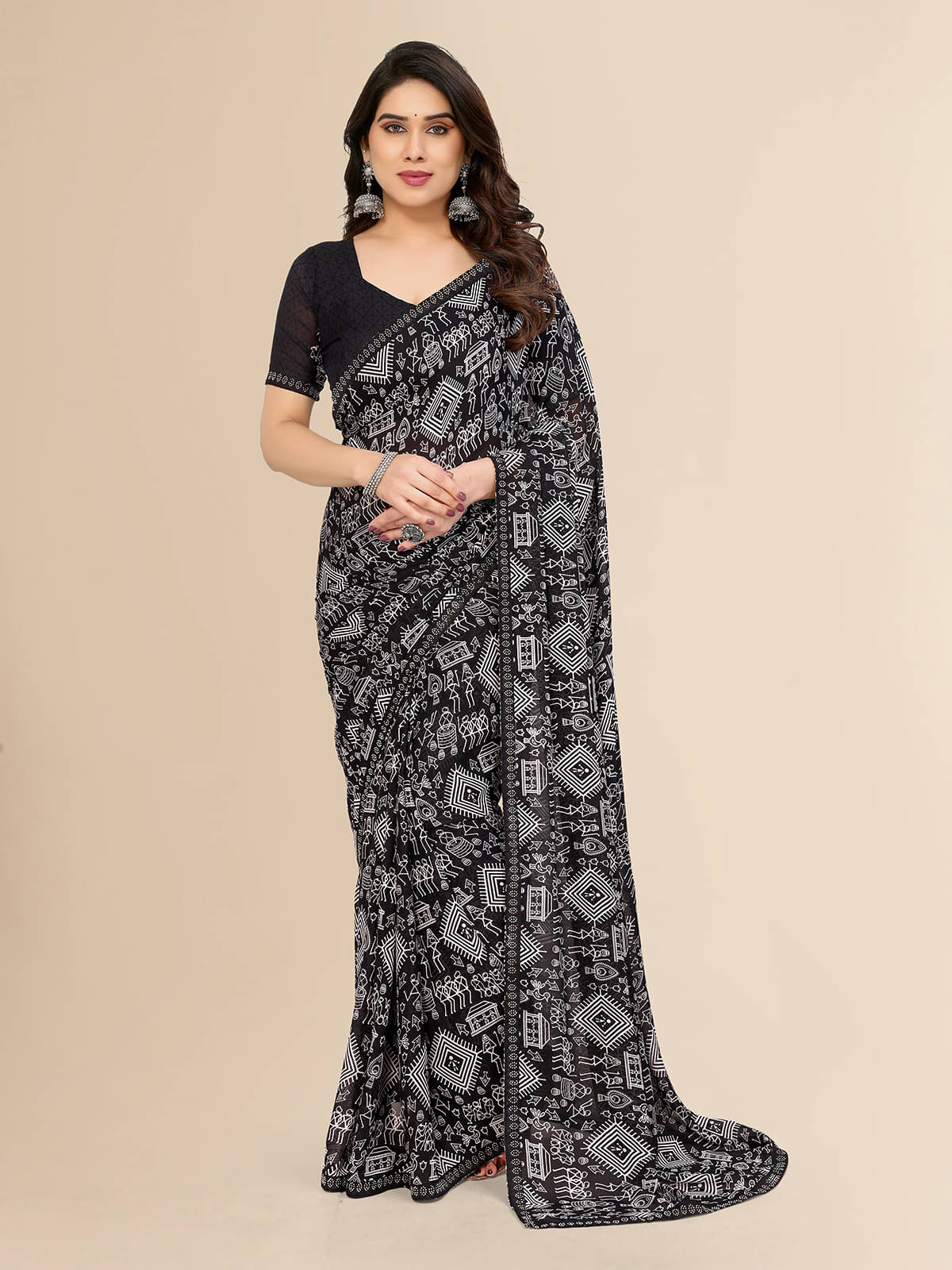Kashvi Sarees Georgette Embellished Chanderi saree With Unstitched Blouse Piece ( Black ) Kashvi Sarees Georgette Embellished Chanderi saree With Unstitched Blouse Piece ( Black )