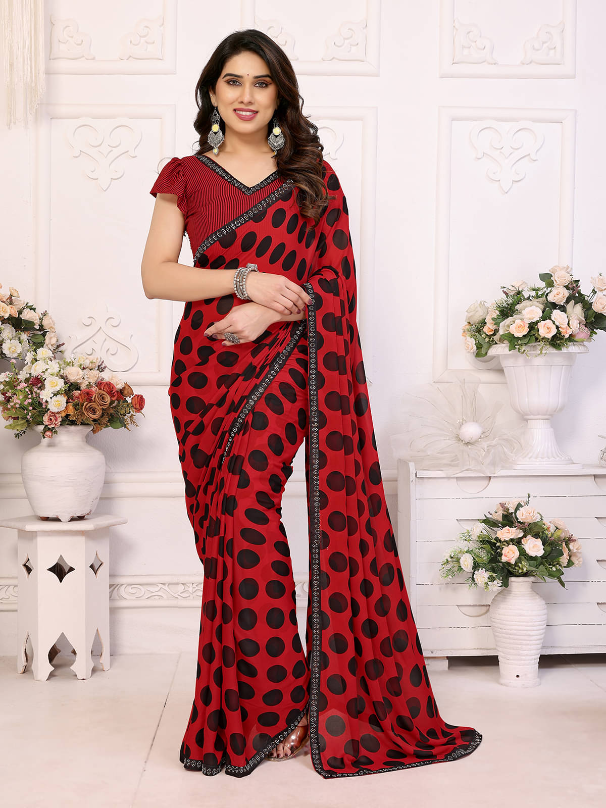     			Kashvi Sarees Georgette Embellished Chanderi saree With Unstitched Blouse Piece ( Red )