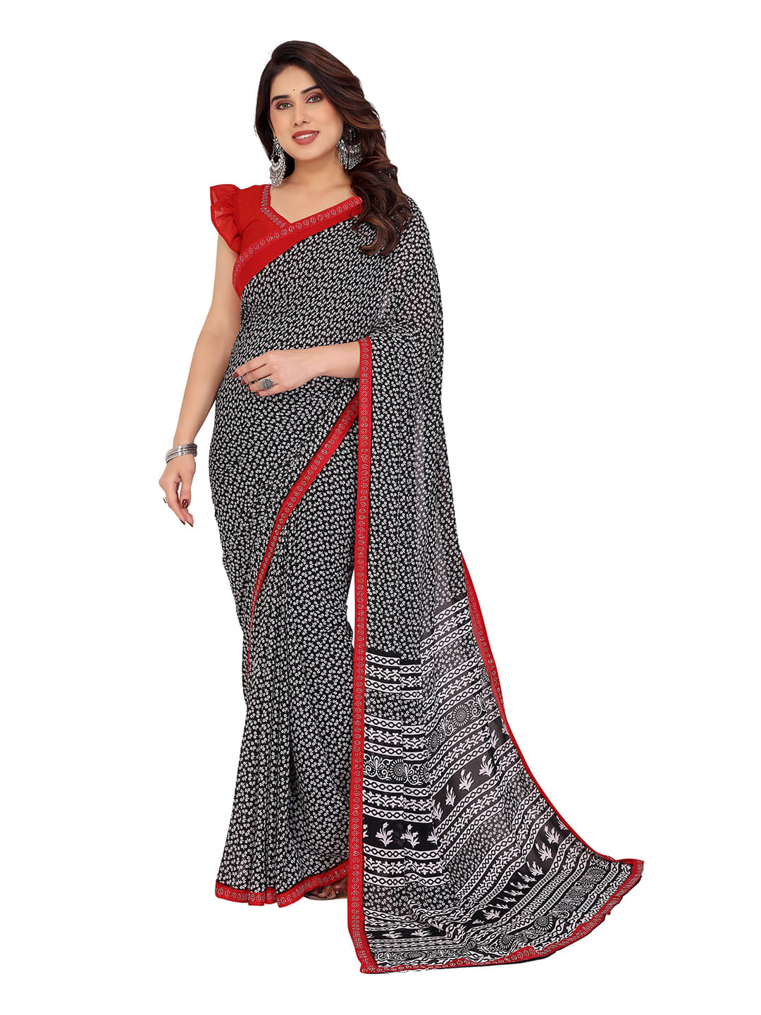 Kashvi Sarees Georgette Embellished Chanderi saree With Unstitched Blouse Piece ( Black ) Kashvi Sarees Georgette Embellished Chanderi saree With Unstitched Blouse Piece ( Black )