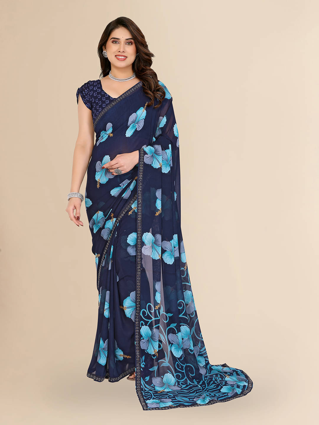     			Kashvi Sarees Georgette Embellished Chanderi saree With Unstitched Blouse Piece ( Blue )