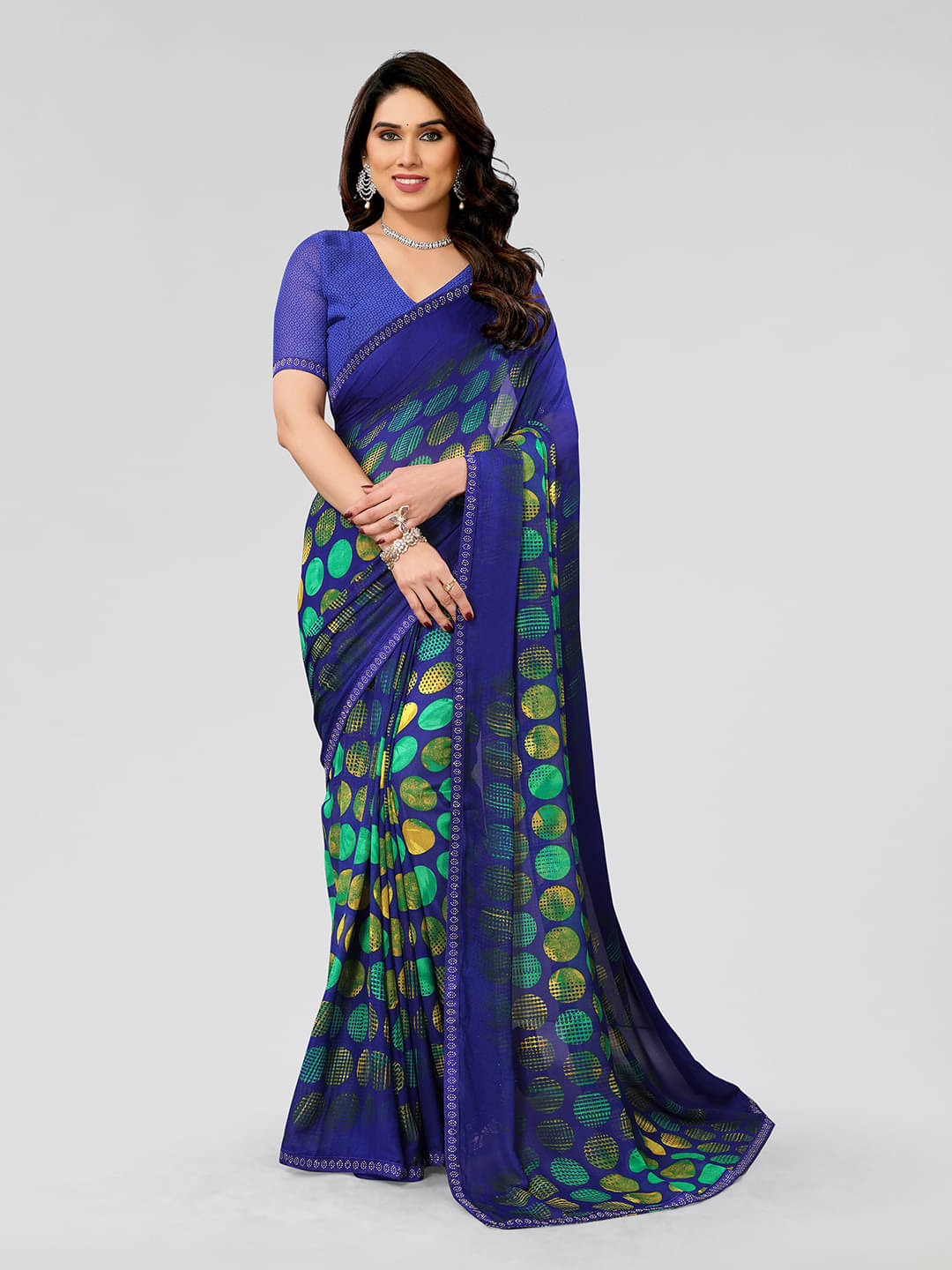     			Kashvi Sarees Georgette Embellished Chanderi saree With Unstitched Blouse Piece ( Blue )