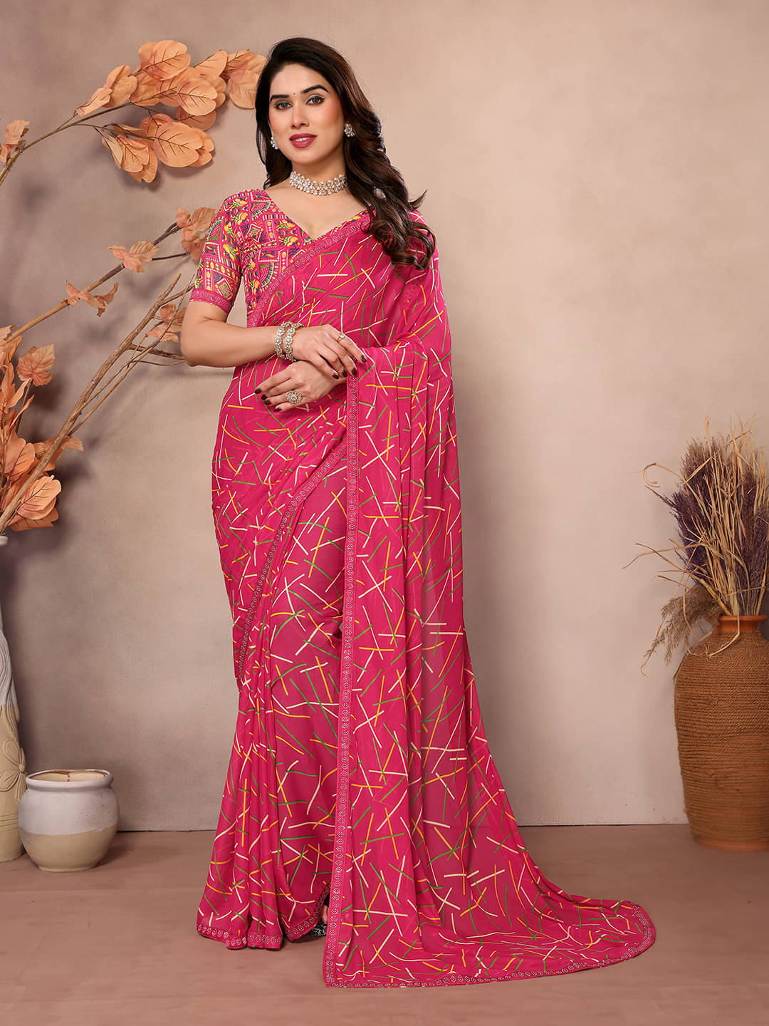     			Kashvi Sarees Georgette Embellished Chanderi saree With Unstitched Blouse Piece ( Pink )