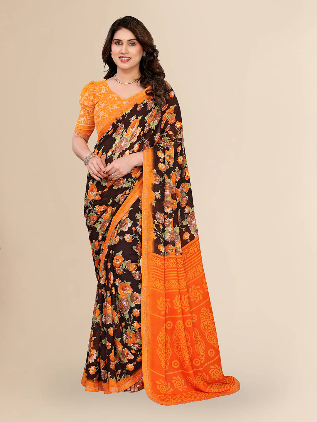     			Kashvi Sarees Georgette Embellished Chanderi saree With Unstitched Blouse Piece ( Brown )