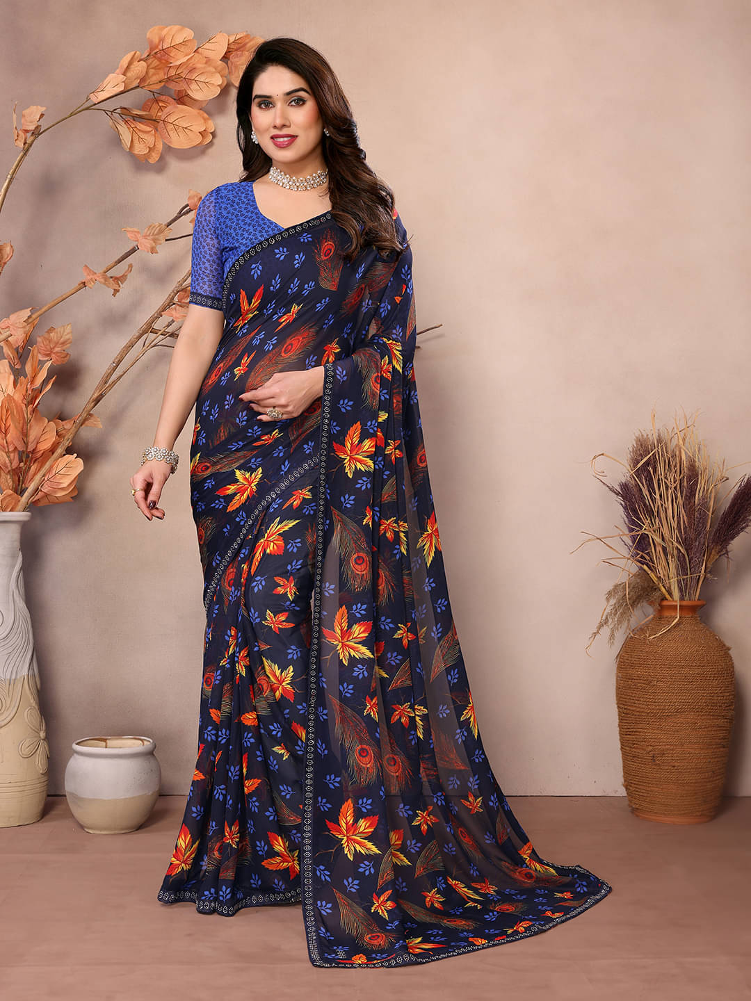 Kashvi Sarees Georgette Embellished Chanderi saree With Unstitched Blouse Piece ( Blue ) Kashvi Sarees Georgette Embellished Chanderi saree With Unstitched Blouse Piece ( Blue )