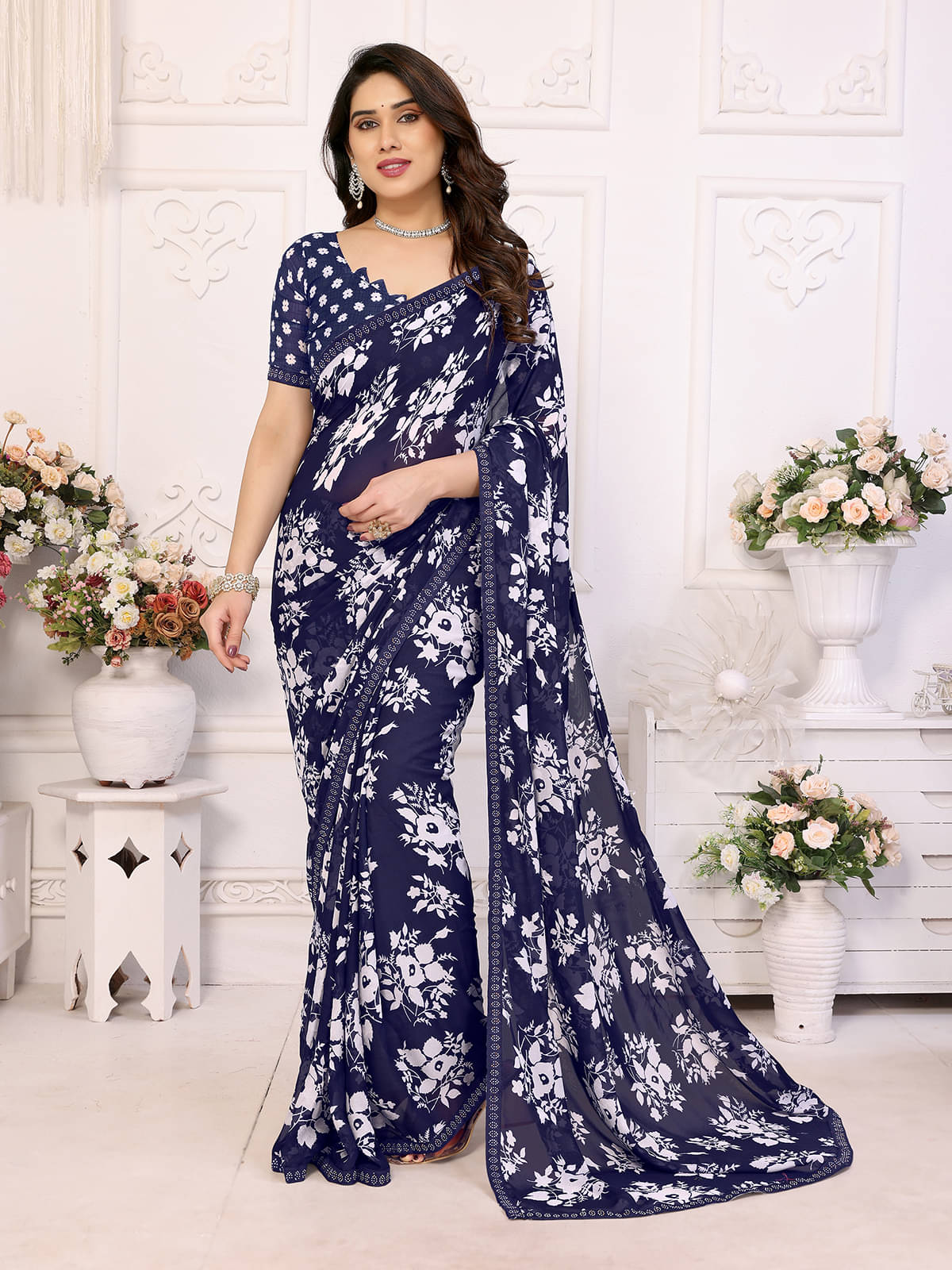Kashvi Sarees Georgette Embellished Chanderi saree With Unstitched Blouse Piece ( Blue )     			Kashvi Sarees Georgette Embellished Chanderi saree With Unstitched Blouse Piece ( Blue )
