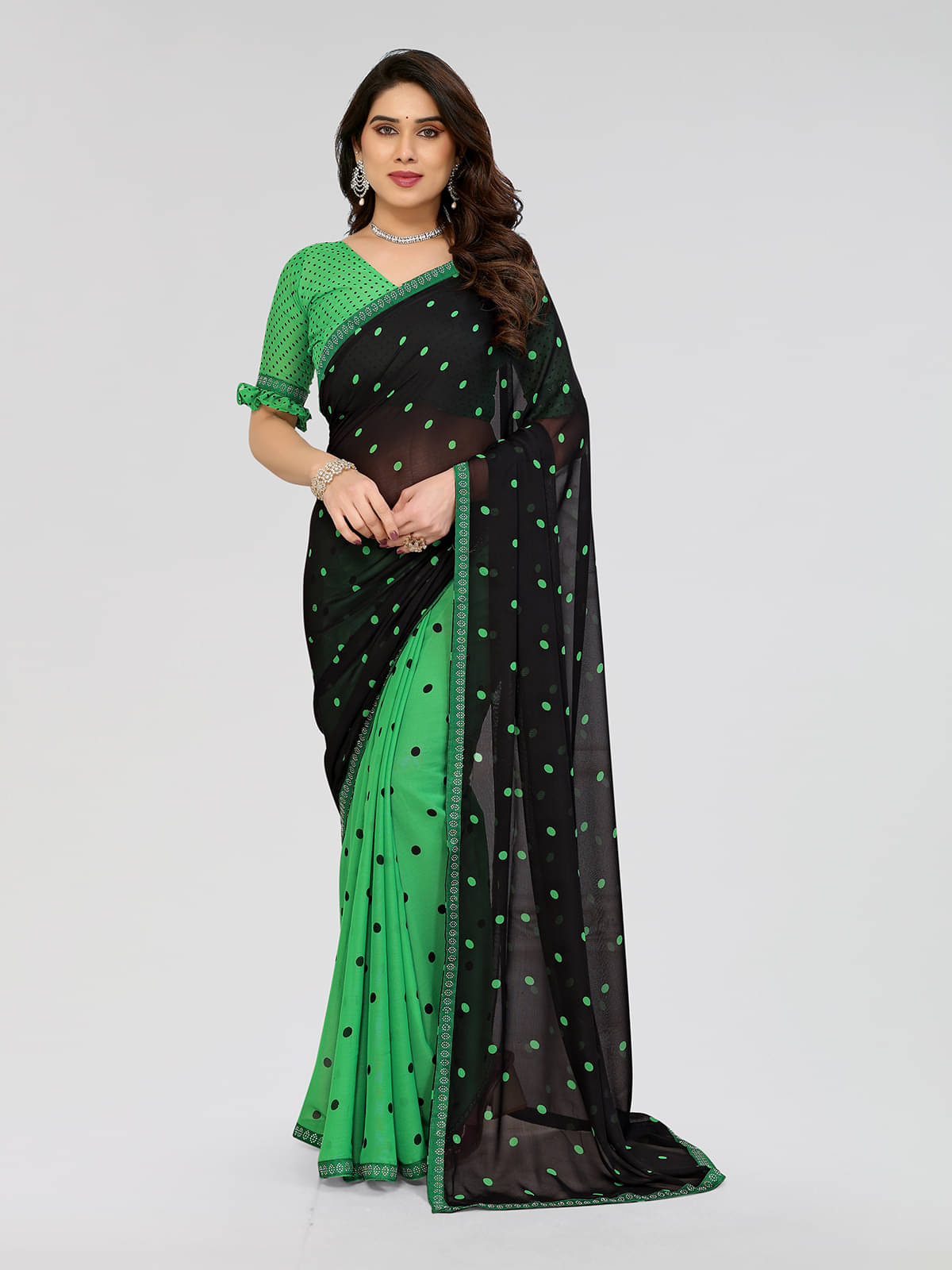     			Kashvi Sarees Georgette Embellished Chanderi saree With Unstitched Blouse Piece ( Light Green )