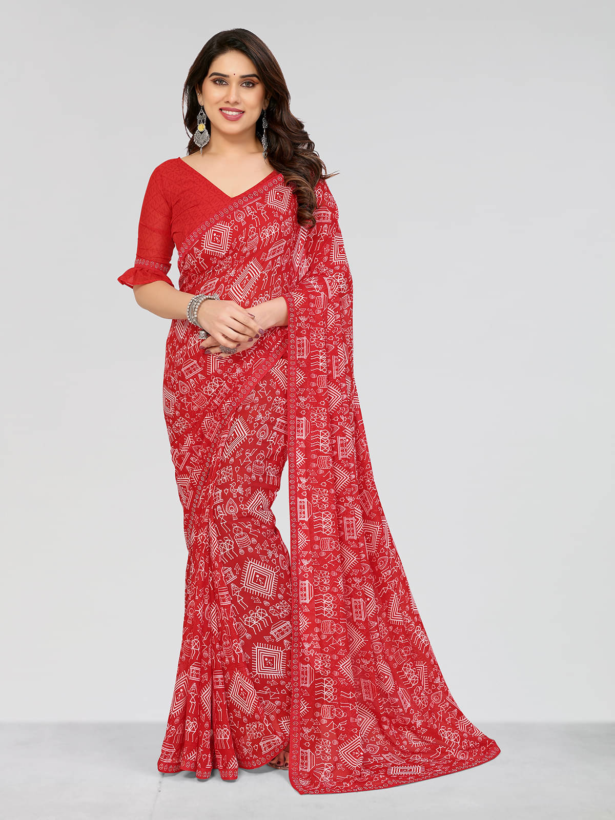 Kashvi Sarees Georgette Embellished Chanderi saree With Unstitched Blouse Piece ( Red )     			Kashvi Sarees Georgette Embellished Chanderi saree With Unstitched Blouse Piece ( Red )