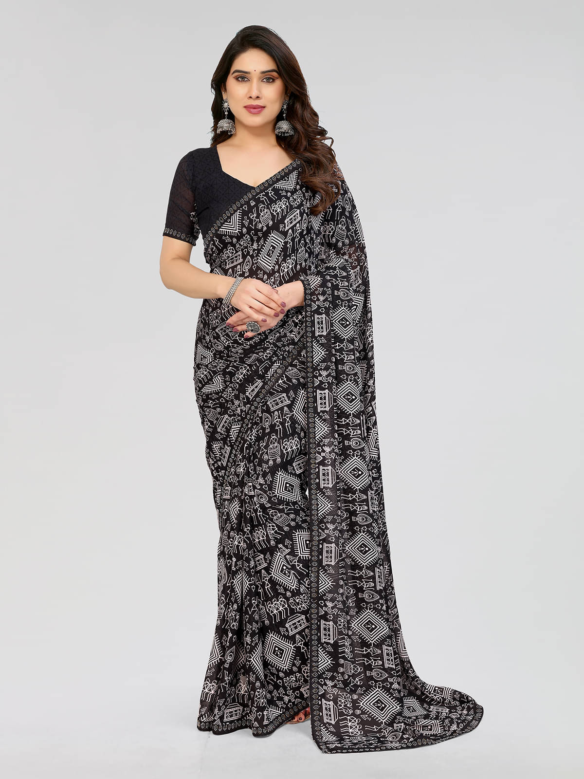     			Kashvi Sarees Georgette Embellished Chanderi saree With Unstitched Blouse Piece ( Black )
