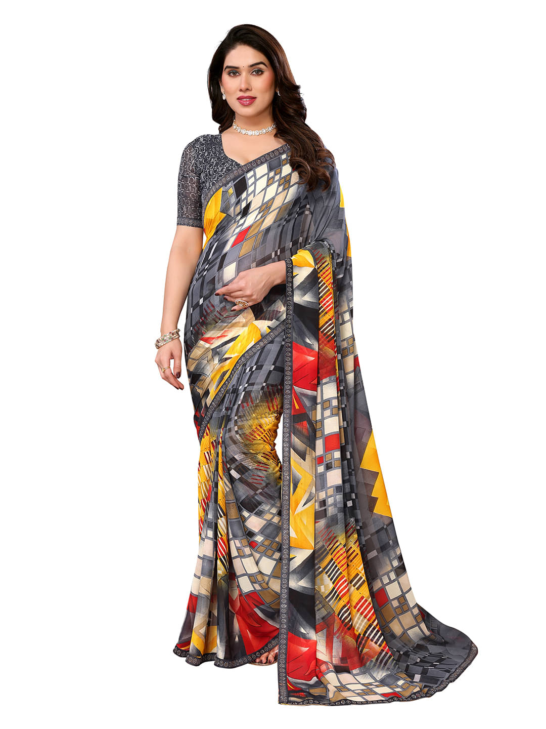     			Kashvi Sarees Georgette Embellished Chanderi saree With Unstitched Blouse Piece ( Grey )