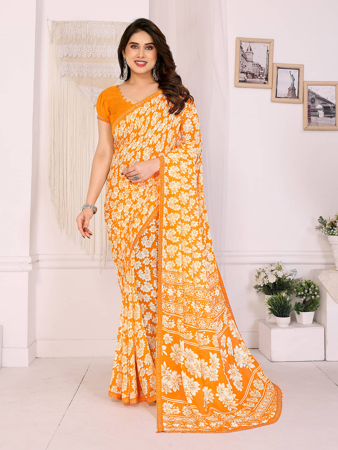     			Kashvi Sarees Georgette Embellished Chanderi saree With Unstitched Blouse Piece ( Yellow )