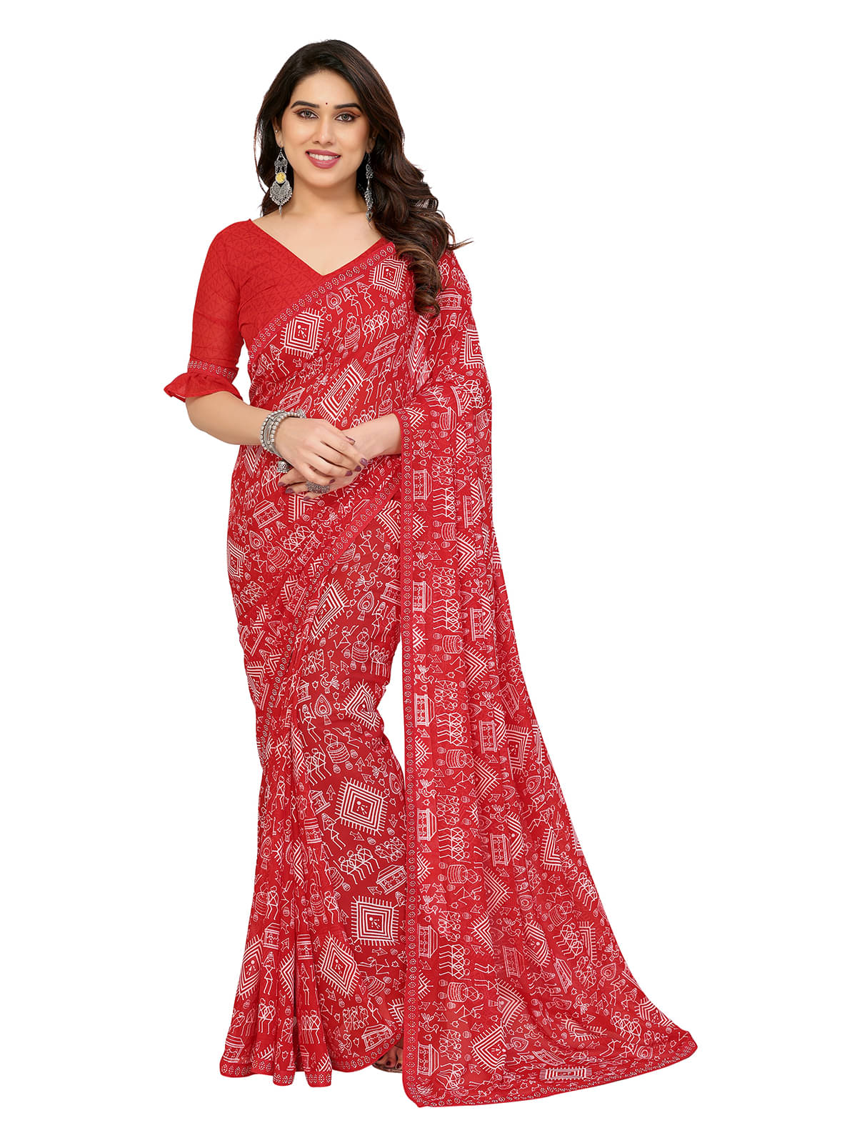 Kashvi Sarees Georgette Embellished Chanderi saree With Unstitched Blouse Piece ( Red )     			Kashvi Sarees Georgette Embellished Chanderi saree With Unstitched Blouse Piece ( Red )