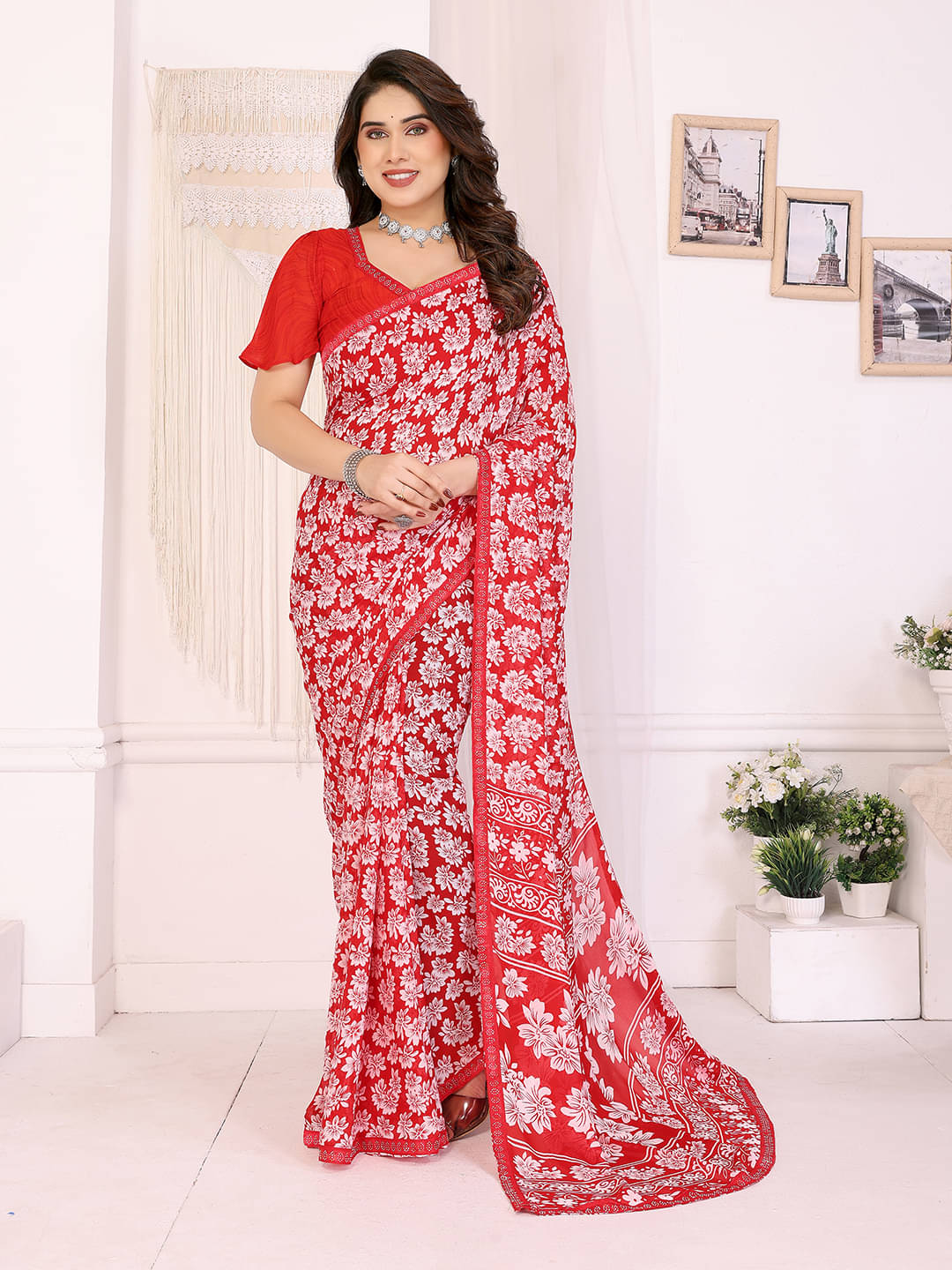 Kashvi Sarees Georgette Embellished Chanderi saree With Unstitched Blouse Piece ( Red ) Kashvi Sarees Georgette Embellished Chanderi saree With Unstitched Blouse Piece ( Red )
