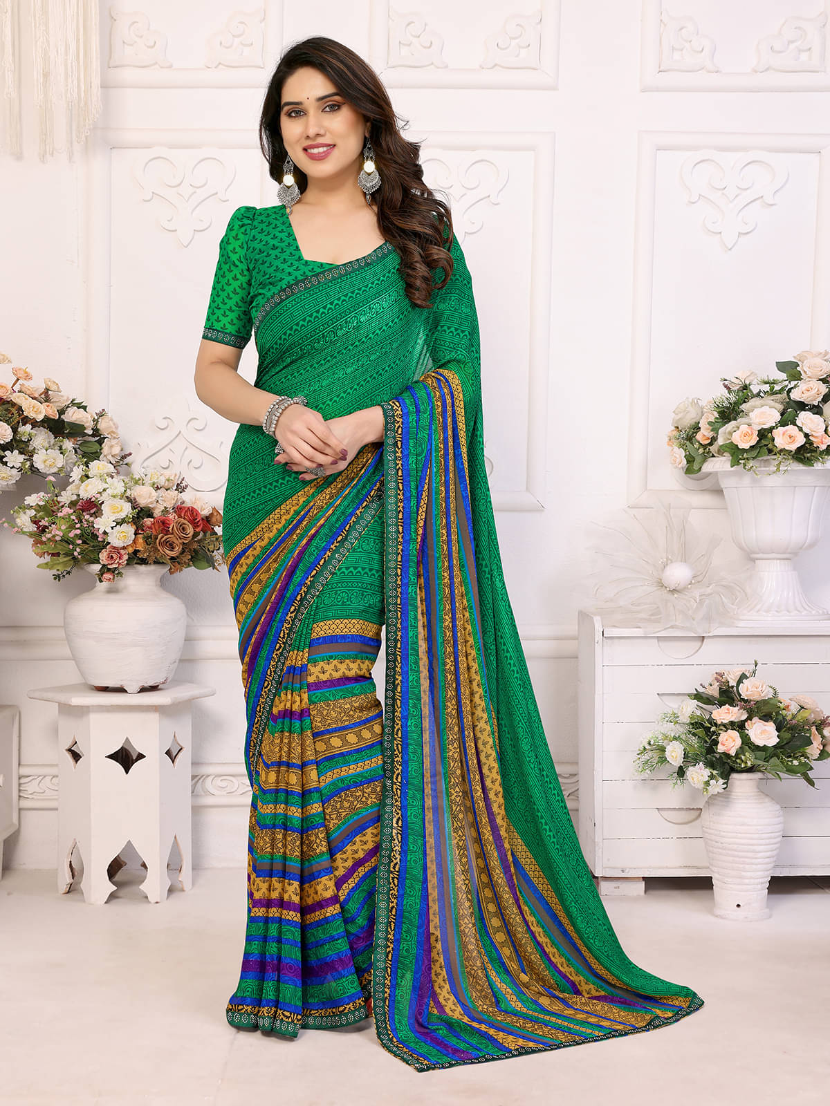 Kashvi Sarees Georgette Embellished Chanderi saree With Unstitched Blouse Piece ( Green ) Kashvi Sarees Georgette Embellished Chanderi saree With Unstitched Blouse Piece ( Green )