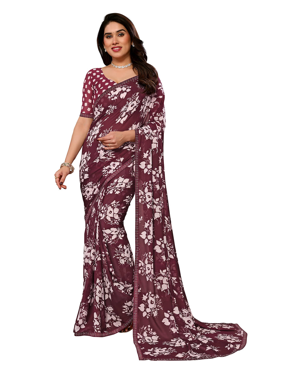     			Kashvi Sarees Georgette Embellished Chanderi saree With Unstitched Blouse Piece ( Maroon )