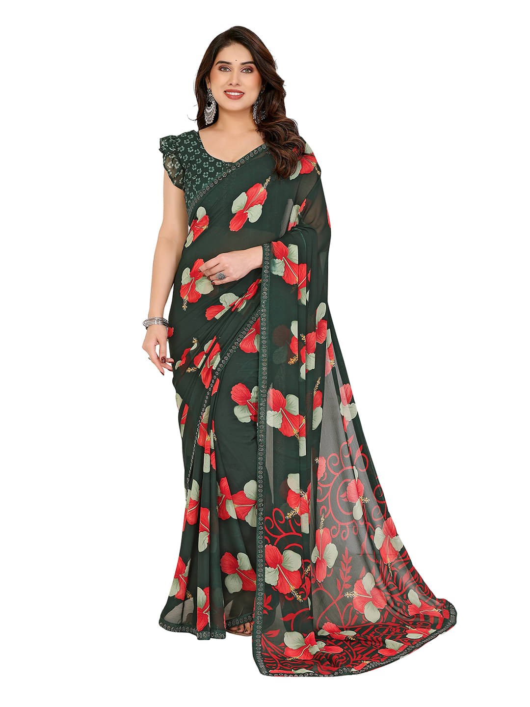Kashvi Sarees Georgette Embellished Chanderi saree With Unstitched Blouse Piece ( Green ) Kashvi Sarees Georgette Embellished Chanderi saree With Unstitched Blouse Piece ( Green )