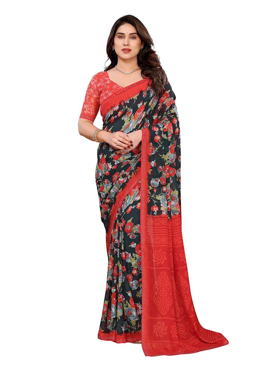     			Kashvi Sarees Georgette Embellished Chanderi saree With Unstitched Blouse Piece ( Green )