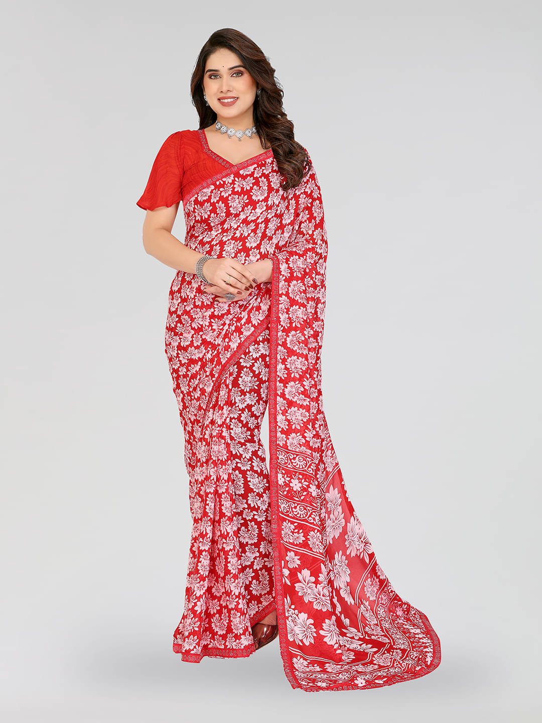     			Kashvi Sarees Georgette Embellished Chanderi saree With Unstitched Blouse Piece ( Red )