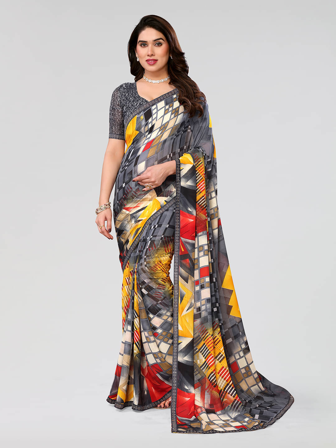     			Kashvi Sarees Georgette Embellished Chanderi saree With Unstitched Blouse Piece ( Grey )