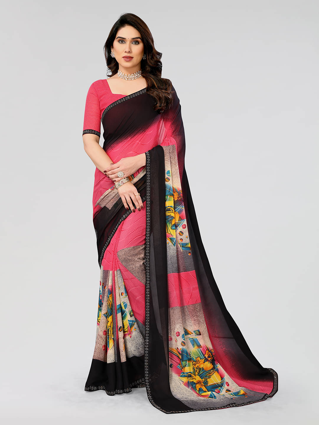     			Kashvi Sarees Georgette Embellished Chanderi saree With Unstitched Blouse Piece ( Pink )
