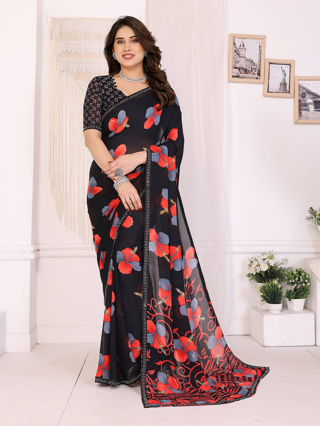     			Kashvi Sarees Georgette Embellished Chanderi saree With Unstitched Blouse Piece ( Black )
