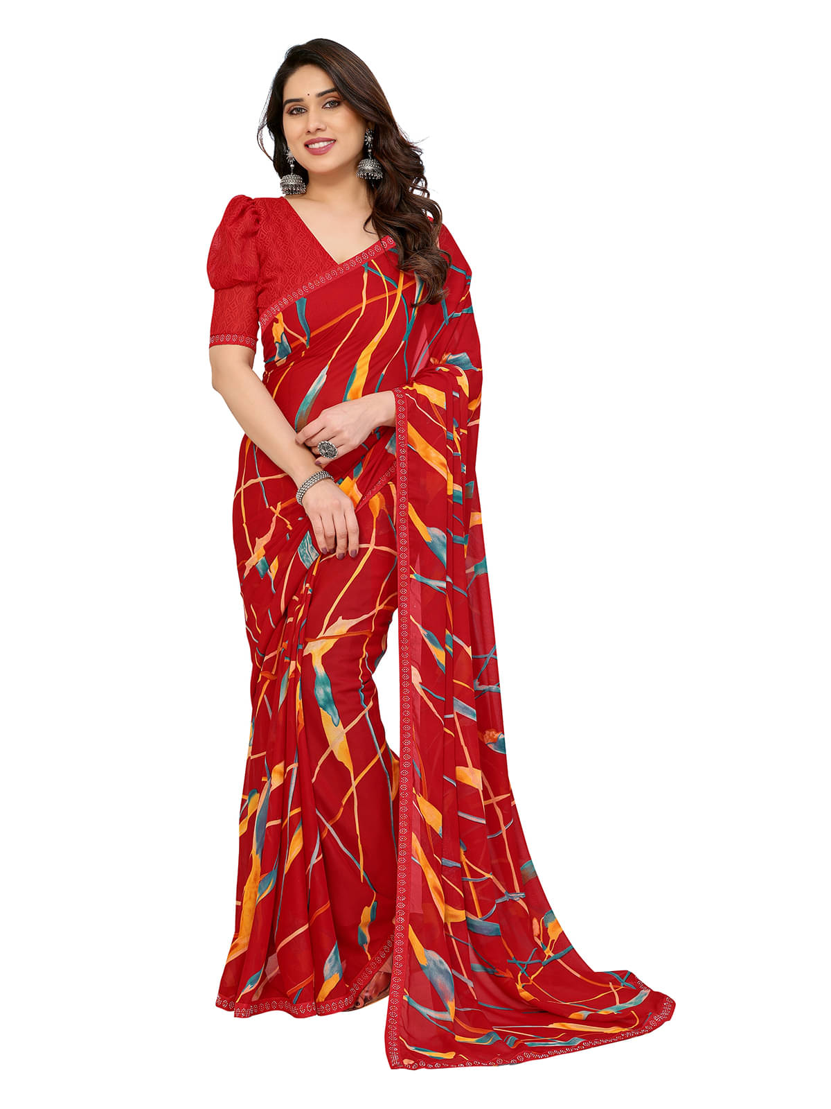 Kashvi Sarees Georgette Embellished Leheriya Saree With Unstitched Blouse Piece ( Red ) Kashvi Sarees Georgette Embellished Leheriya Saree With Unstitched Blouse Piece ( Red )