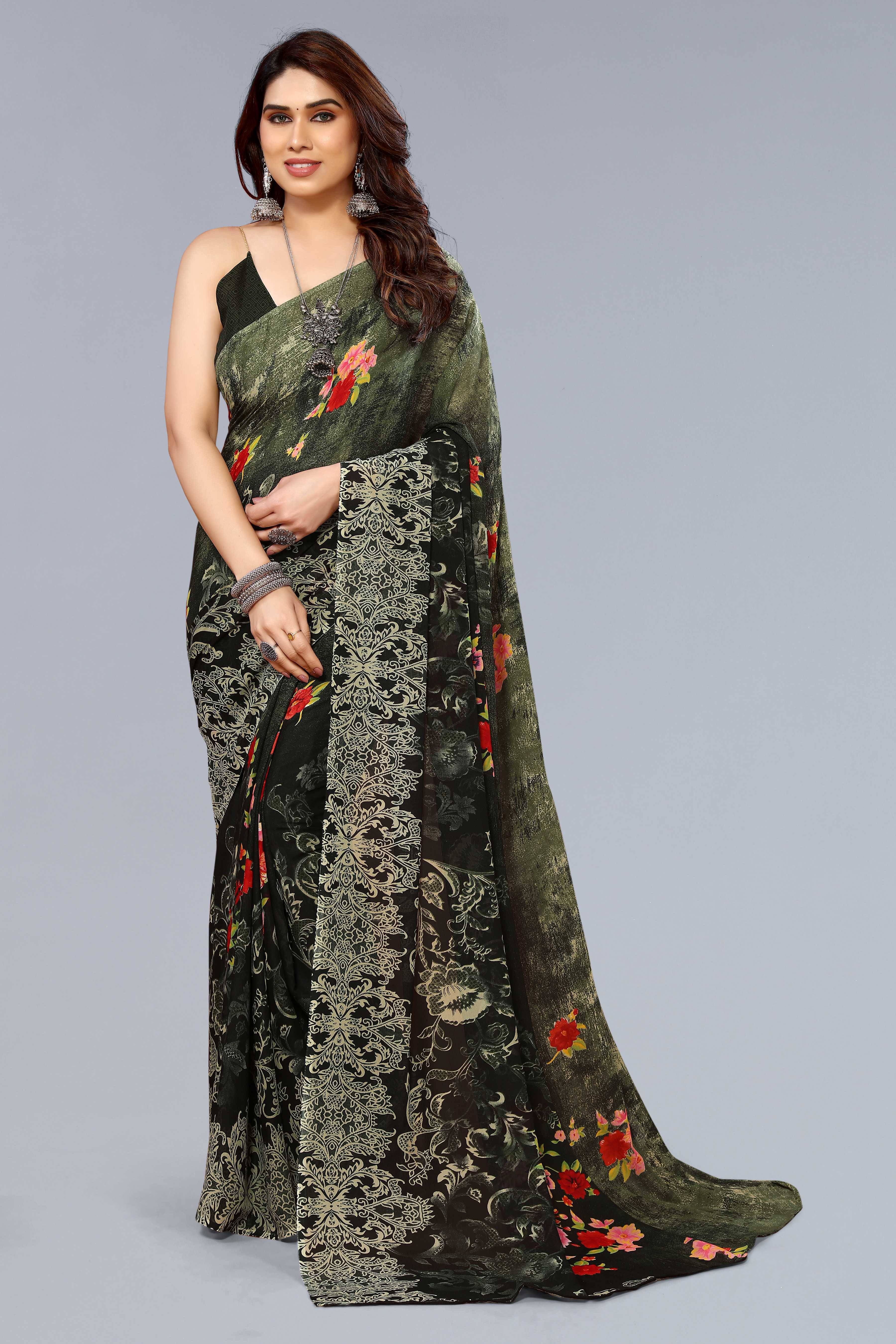     			Kashvi Sarees Georgette Printed Chanderi saree With Unstitched Blouse Piece ( Green )