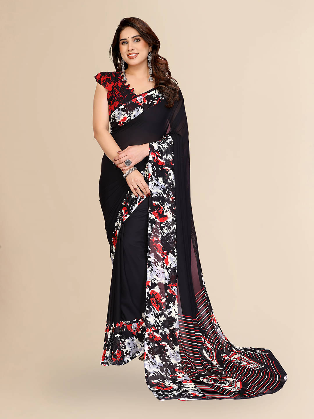     			Kashvi Sarees Georgette Printed Chanderi saree With Unstitched Blouse Piece ( Black )