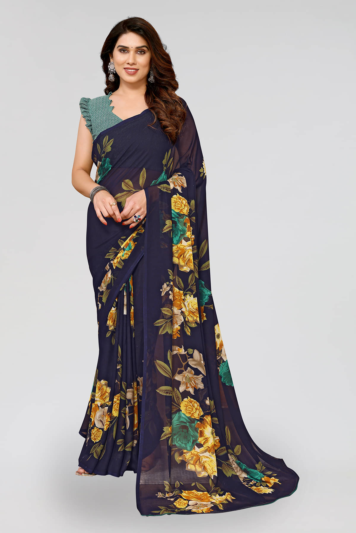     			Kashvi Sarees Georgette Printed Chanderi saree With Unstitched Blouse Piece ( Blue )