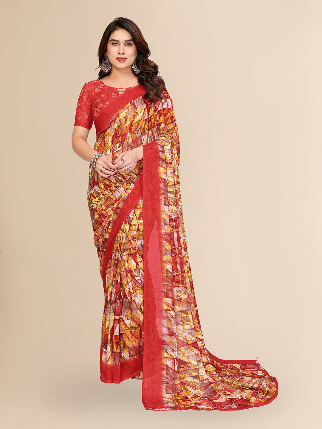 Kashvi Sarees Georgette Printed Chanderi saree With Unstitched Blouse Piece ( Red ) Kashvi Sarees Georgette Printed Chanderi saree With Unstitched Blouse Piece ( Red )