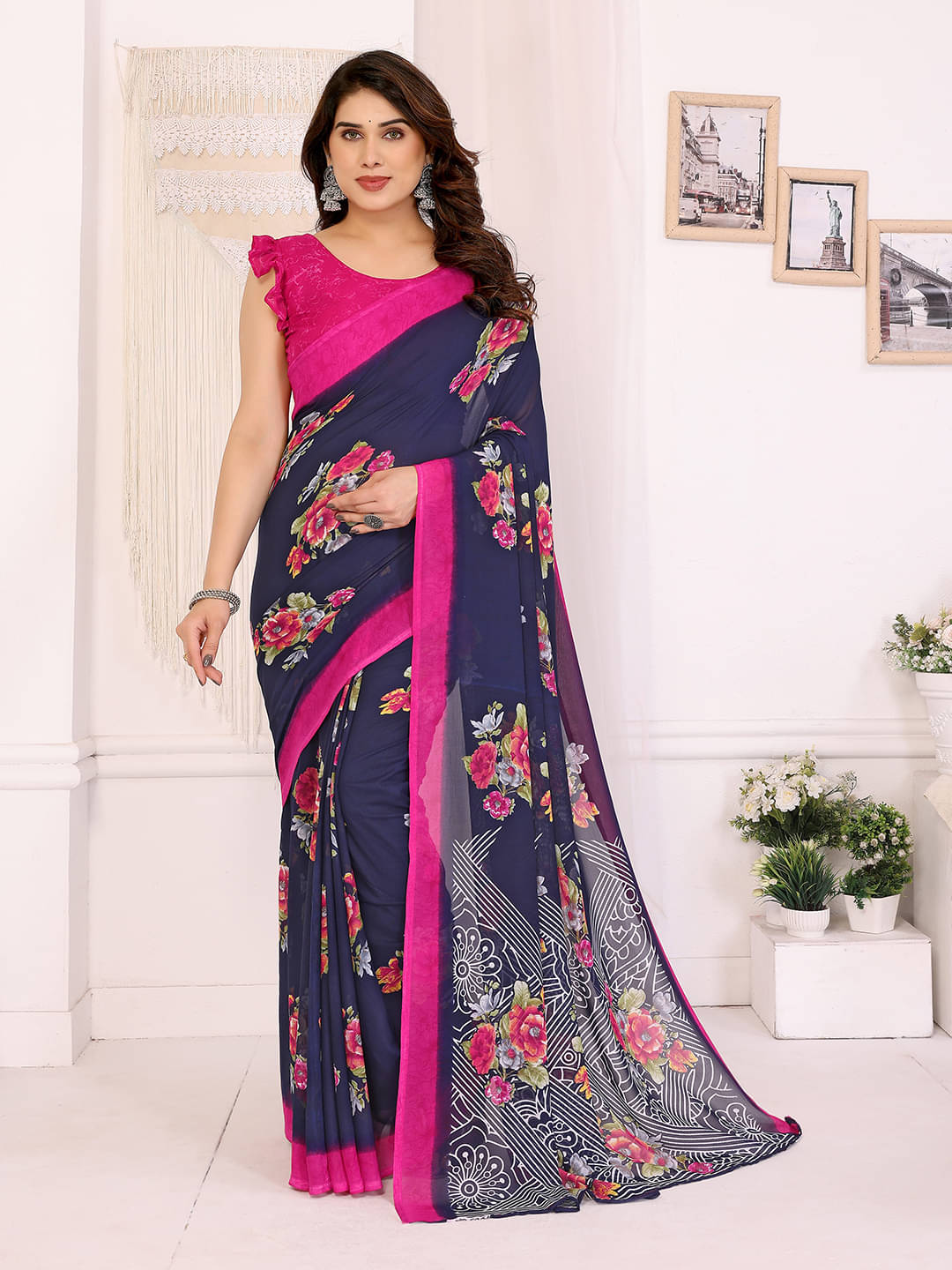 Kashvi Sarees Georgette Printed Chanderi saree With Unstitched Blouse Piece ( Blue )     			Kashvi Sarees Georgette Printed Chanderi saree With Unstitched Blouse Piece ( Blue )