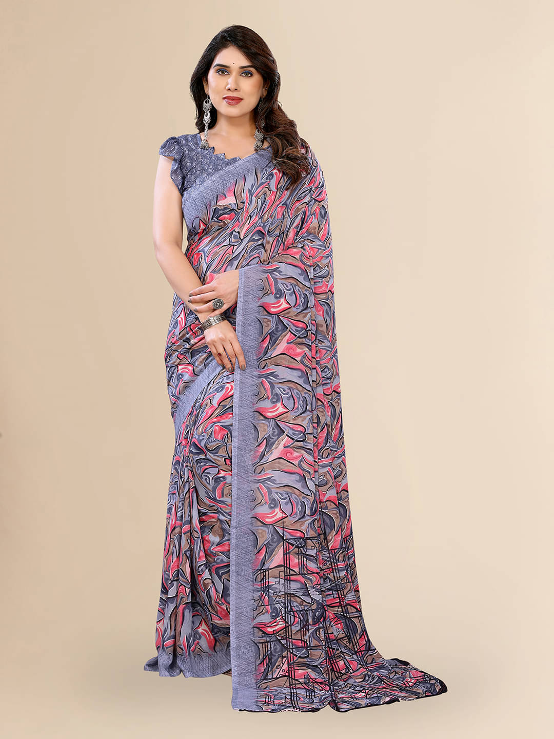 Kashvi Sarees Georgette Printed Chanderi saree With Unstitched Blouse Piece ( Grey ) Kashvi Sarees Georgette Printed Chanderi saree With Unstitched Blouse Piece ( Grey )